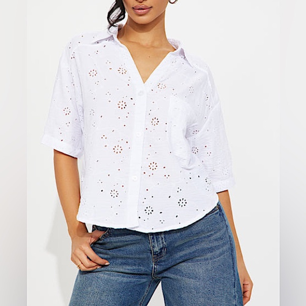 Elegant White Eyelet Button Down Shirt